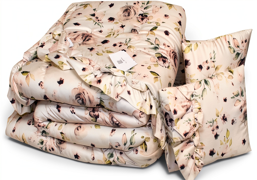 Trapunta matrimoniale Russo Tessuti grigio con balza floreale su letto